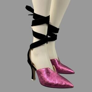 ATTICO Size 8 Purple Black Leather Snake Embossed Pointed Toe Pumps